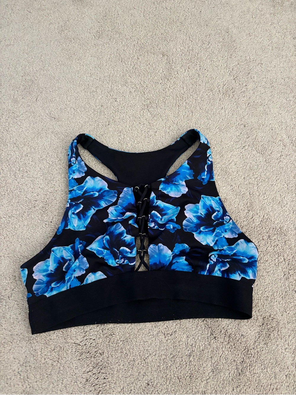 PINK Victoria's Secret Black Sports Bra with Blue Floral Print & Lace-Up Front